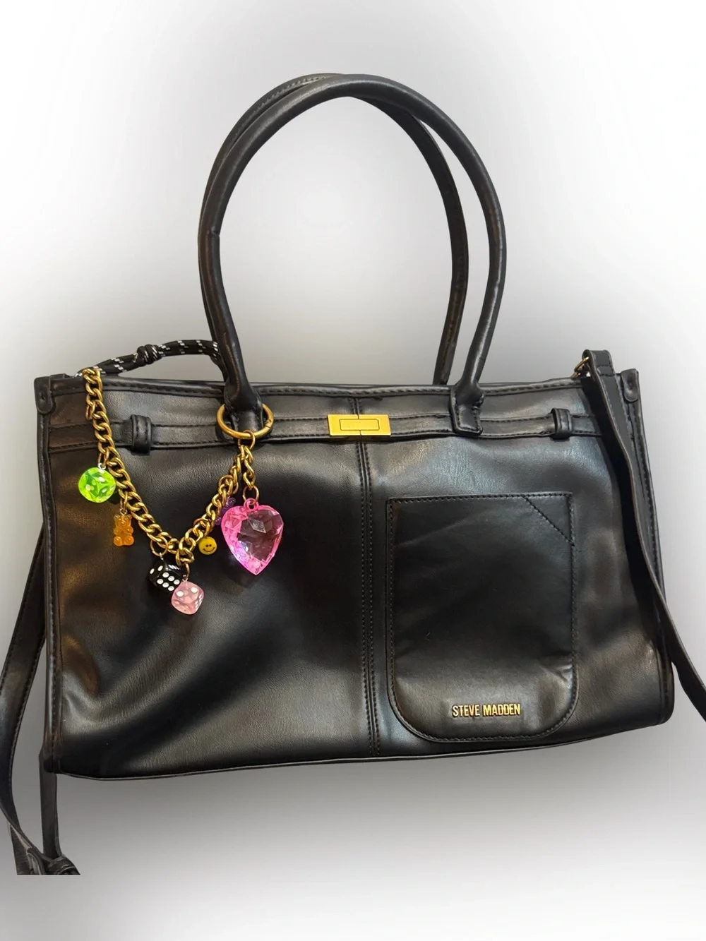 Steve Madden Black Leather Satchel with Colorful Charm Chain